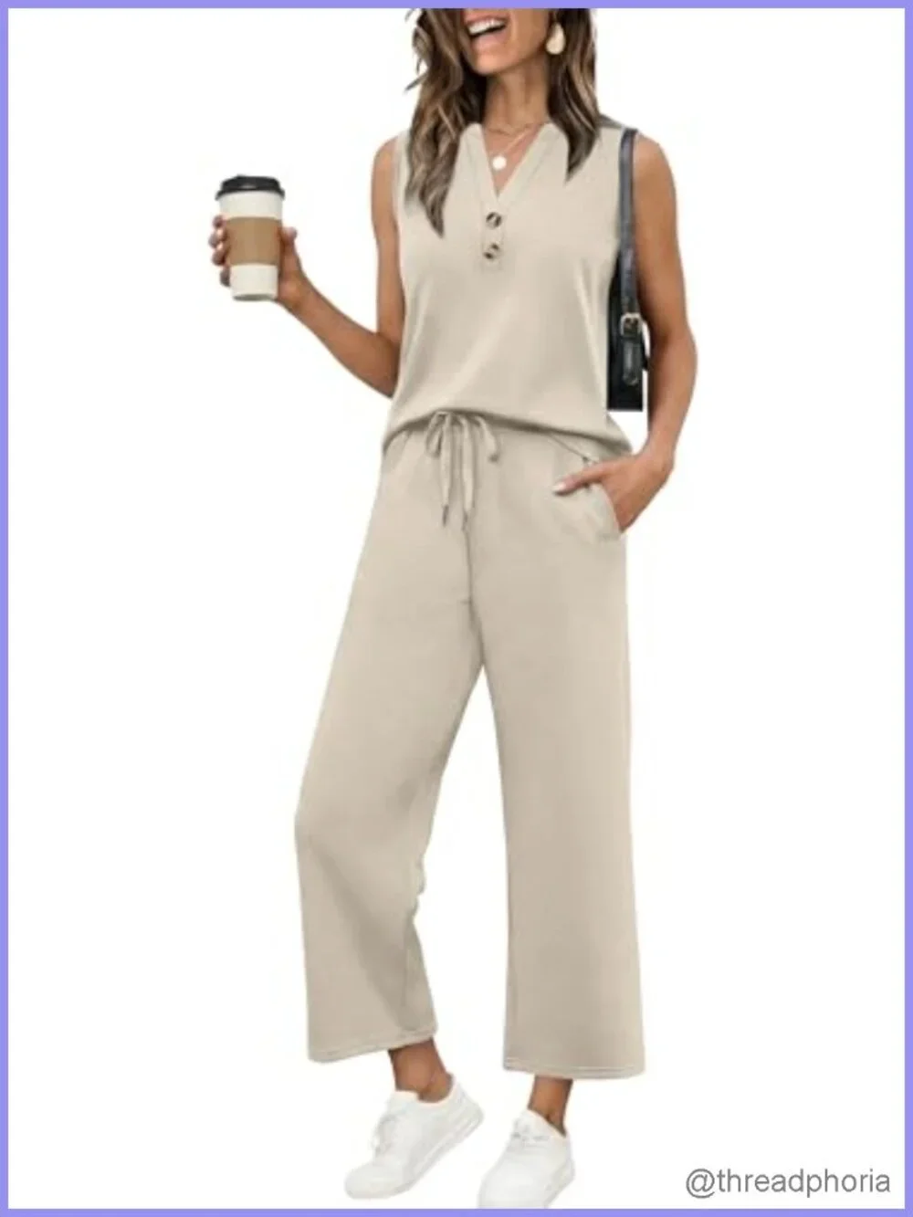 Two Piece Lounge Set V-Neck Tank Top Wide Leg Pants Casual Travel Outfit